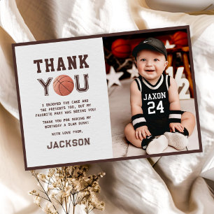 Kids Basketball Watercolor Birthday Party Photo Thank You Card