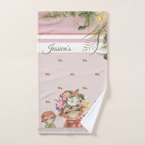 Kids bathroom Cute monkey meerkat floral pink text Hand Towel