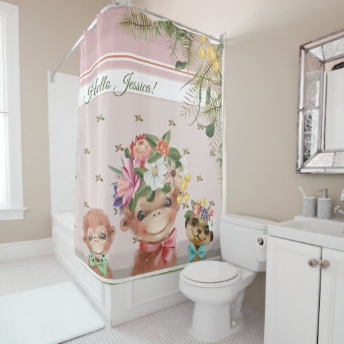 Kids bathroom Cute monkey meerkat floral pink text Shower Curtain