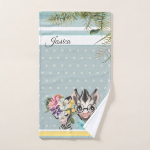 Kids bathroom Cute zebras in love floral blue text Hand Towel