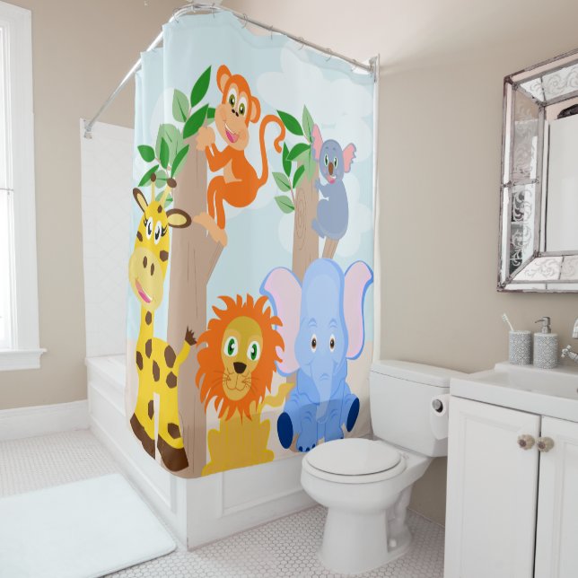 Kid's bathroom, funny animals shower curtain (In Situ)