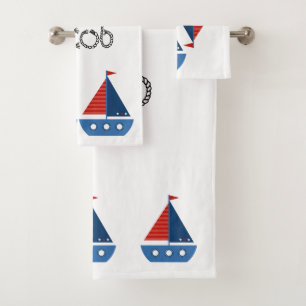 Kids Bathroom Towel set - Red / Blue Sailing Boats