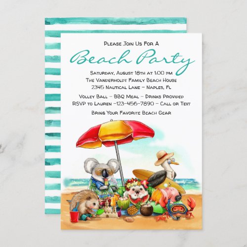 Kids Beach Party Animals Beach Birthday Party Invitation
