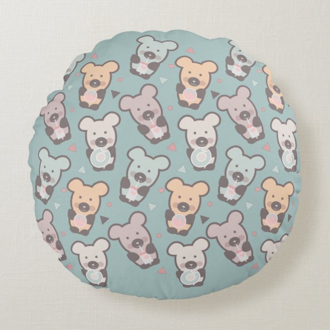 Kids Bears and Donuts Pattern Round Pillow (Front)