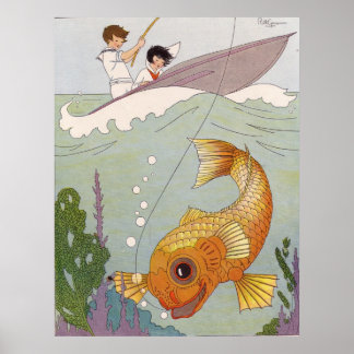 Kids Being Pulled By A Fish While Fishing - Poster