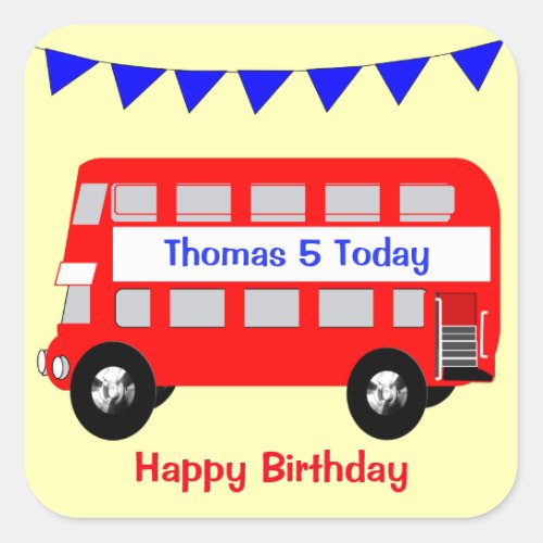 Kids Big Red Bus Happy Birthday Square Sticker