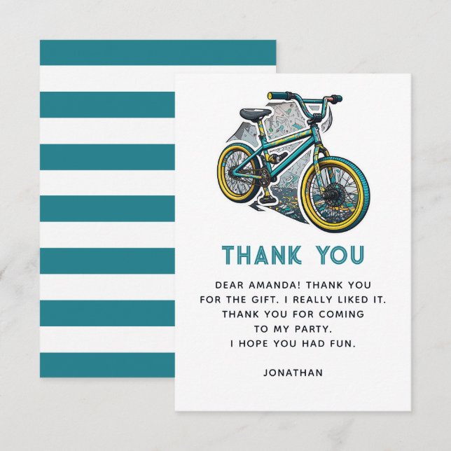 Kids Bike BMX Party. Racing adventure boy birthday Thank You Card (Front/Back)