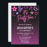Kids birthday 10th birthday Glitter Sparkly Invitation<br><div class="desc">Say "It's Party Time!" with this stunning Glitter Sparkly Neon Birthday invitation for kids. Featuring bold neon-style typography, glowing pink and purple icons (stars, hearts, crowns, diamonds), and a dramatic dark background, this invite is perfect for girls' or boys' 10th birthday parties. Fully customizable with name, date, time, and venue....</div>