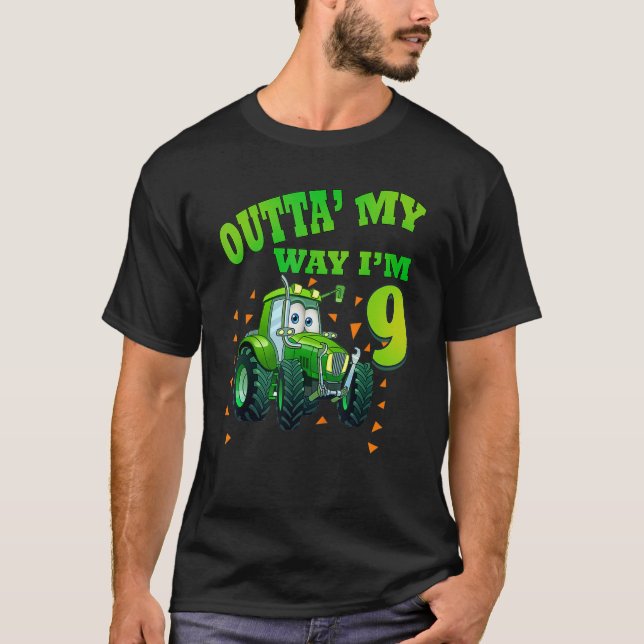Kids Birthday 9 Year Old Green Farm Truck Tractor  T-Shirt (Front)