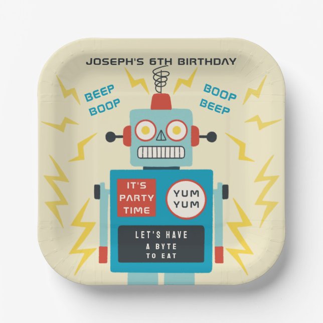 Kids Birthday Antique Robot Paper Plates (Front)