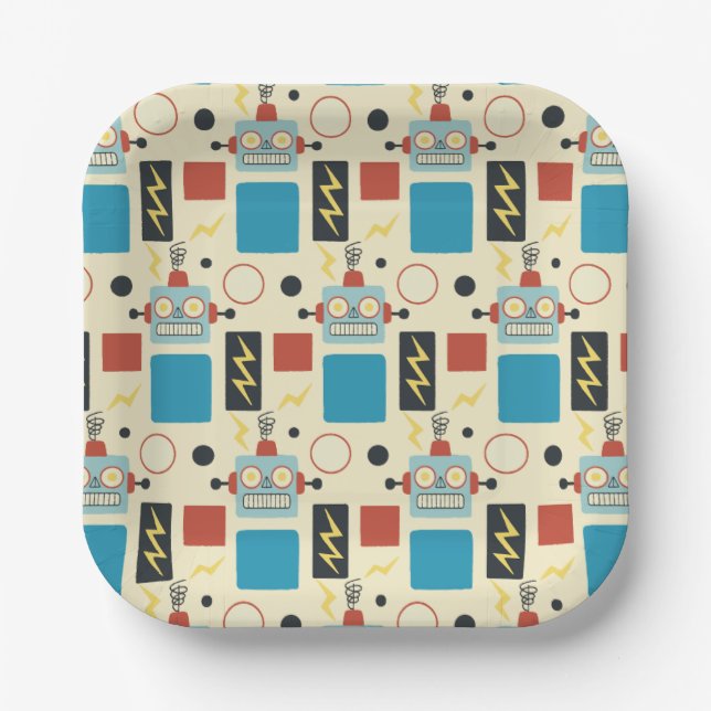 Kids Birthday Antique Robot Pattern Paper Plates (Front)