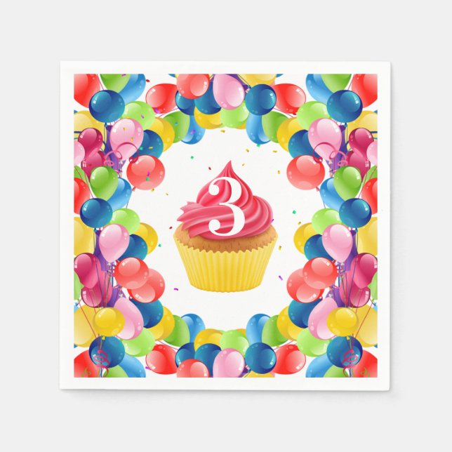 Kids birthday ANY AGE cupcake balloons party Napkins (Front)