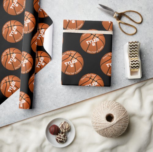 Kids Birthday Basketball Name Age Black Wrapping Paper
