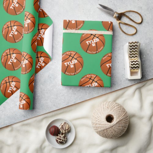 Kids Birthday Basketball Name Age Green Wrapping Paper