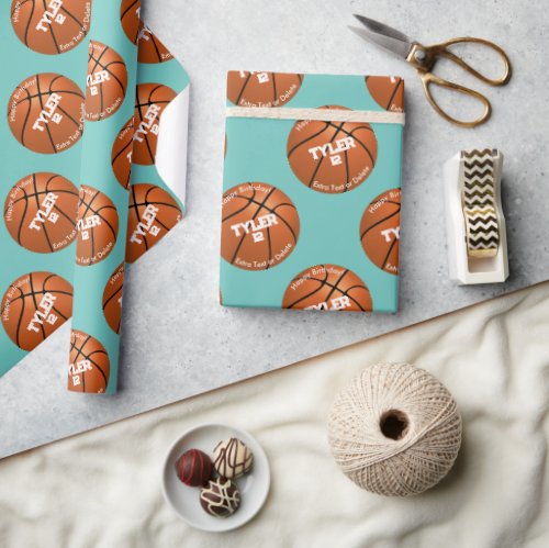 Kids Birthday Basketball Name Age Light Teal Wrapping Paper