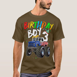Kids Birthday Boy 3 Year Old Monster Truck Flag 3r T-Shirt