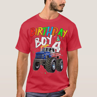 Kids Birthday Boy 4 Year Old Monster Truck Flag 4t T-Shirt