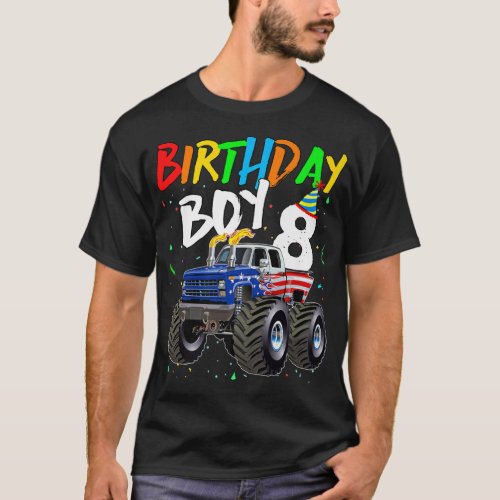 Kids Birthday Boy 8 Year Old Monster Truck Flag 8t T_Shirt