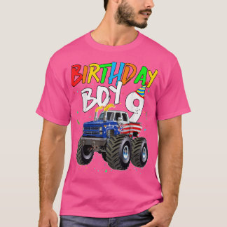Kids Birthday Boy 9 Year Old Monster Truck Flag 9t T-Shirt