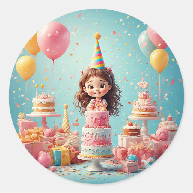 Kids Birthday Cake Celebration Happy Party Classic Round Sticker | Zazzle
