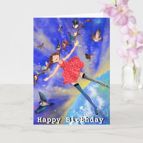 Kids Birthday Card Happy Girl with Birds