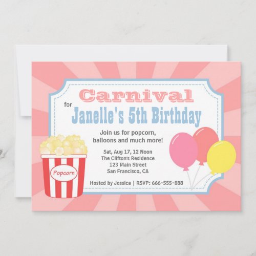 Kids Birthday _ Carnival with Popcorn  Balloons Invitation