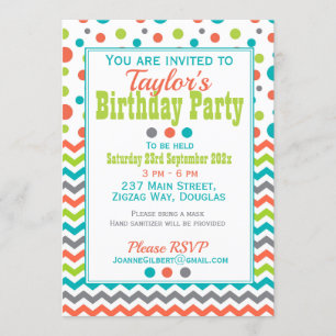 Kids Birthday Colorful Polka Dot ZigZag Invitation