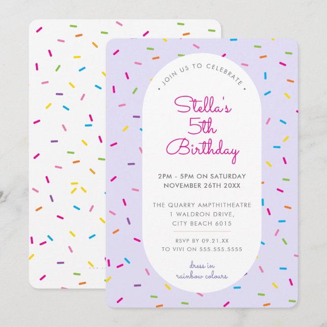 KIDS BIRTHDAY colorful sprinkles border purple Invitation (Front/Back)
