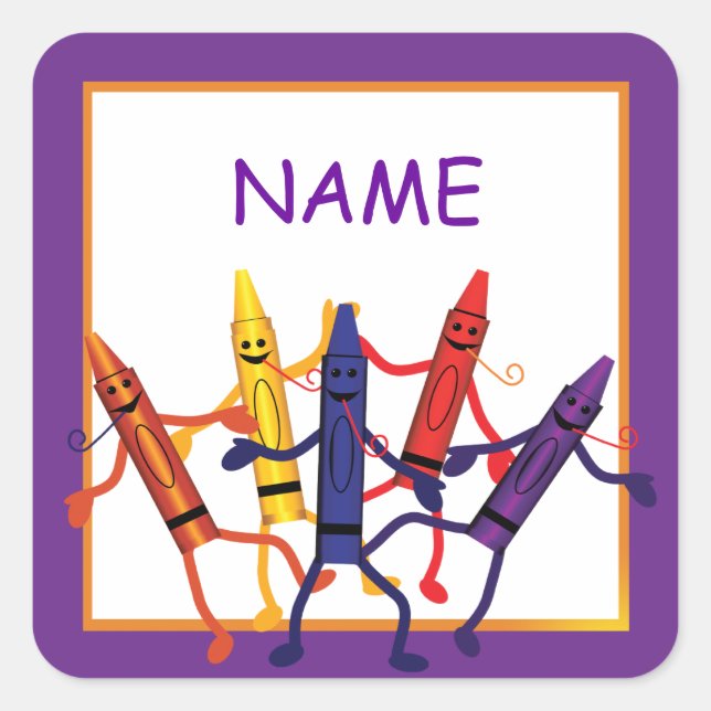 Kids Birthday Crayon Party Name Sticker (Front)