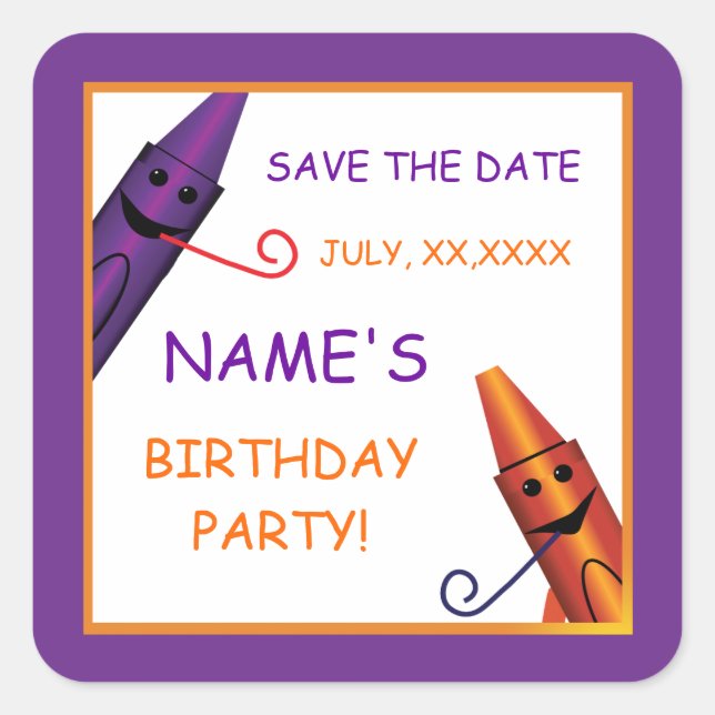 Kids Birthday Crayon Party Save the Date Sticker (Front)