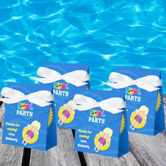 Kids Birthday Cute Custom Blonde Girl Pool Party Favor Boxes | Zazzle