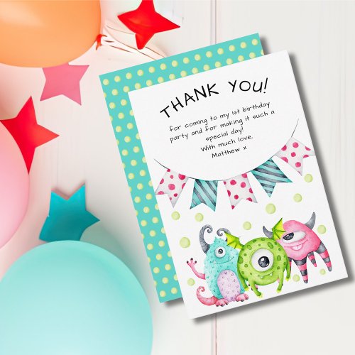 Kids Birthday Cute Monsters  Thank You Card