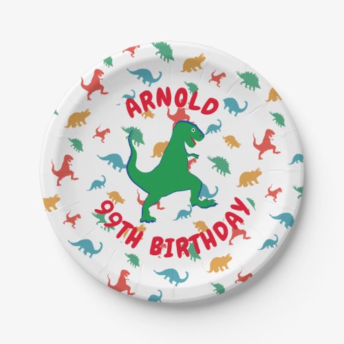 kids Birthday Dinosaur T Rex Colorful Custom Name Paper Plates
