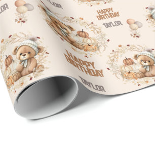 Kids Birthday Fall Autumn Bear 2nd Birthday Wrapping Paper