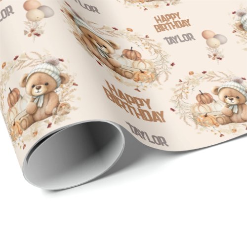 Kids Birthday Fall Autumn Bear 2nd Birthday  Wrapping Paper