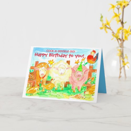 Kids Birthday Farm Animals Pig Cow Rooster Card