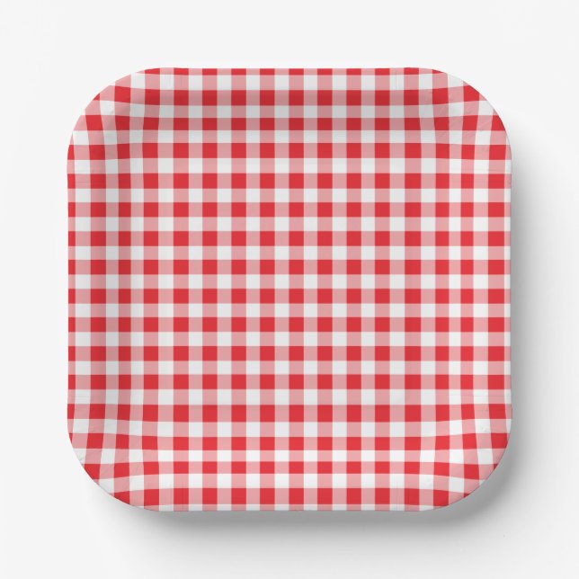 Kids Birthday Gingham Farm Red Paper Plates (Front)