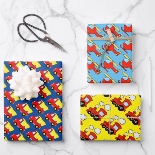 Kids Birthday heli truck and red choo choo train Wrapping Paper Sheets