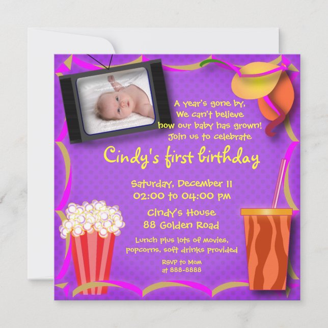 Kids Birthday Invitation 038: Movies & Popcorns (Front)