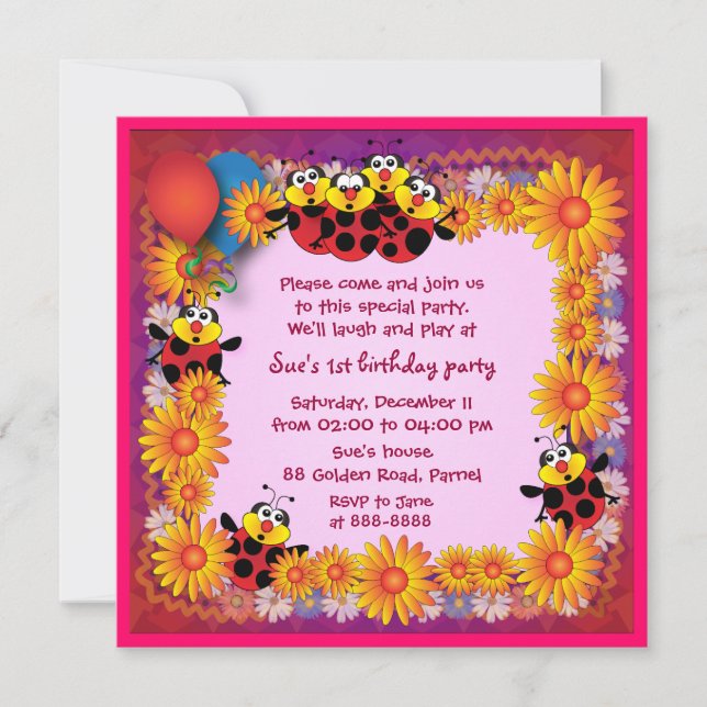 Kids birthday invitation 039B: 7 Ladybugs (Front)