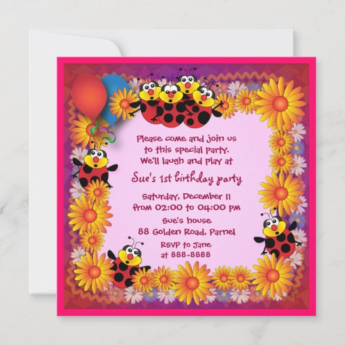 Kids birthday invitation 039B 7 Ladybugs