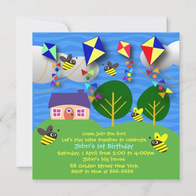 Kid's birthday invitation: 058 Spring Kites Invitation (Front)