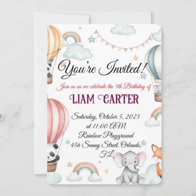 Kids’ Birthday Invitation – Cute Hot Air Balloon  (Front)
