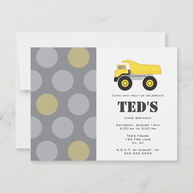 Kids Birthday Invitation - Dump Truck (Front)