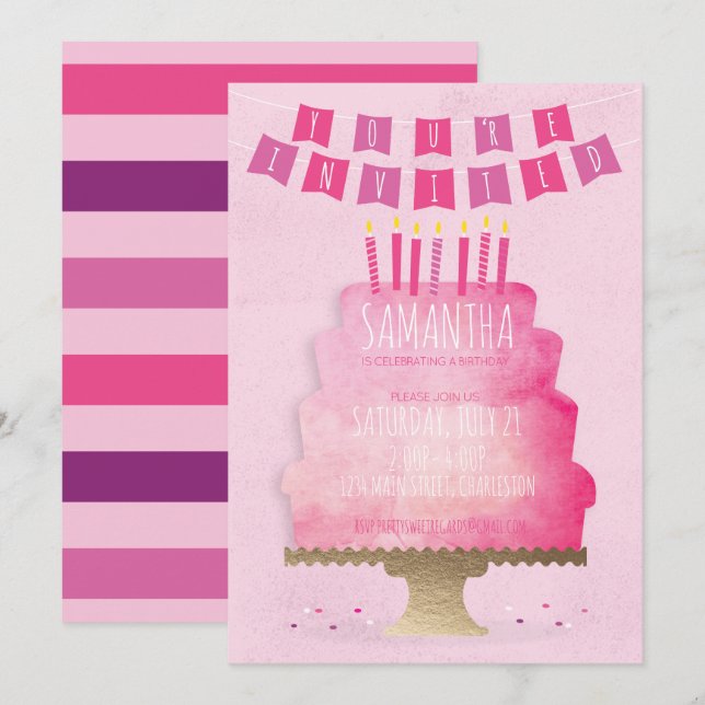 Kids Birthday Invitation - Pretty In Pink (Front/Back)