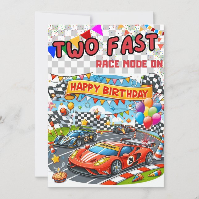 Kids birthday invitation: Two fast, cars race, QR Invitation (Front)