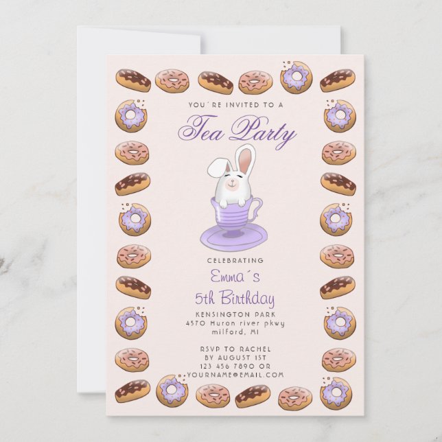 Kids birthday invitation with donuts and bunny (Front)