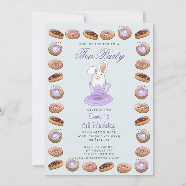 Kids birthday invitation with donuts and bunny (Front)