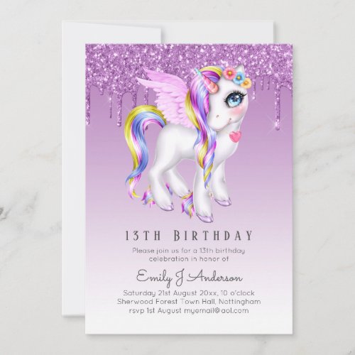 Kids Birthday Invite Purple Unicorn Digital Option
