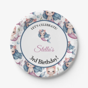 Kids Birthday Mermaid Cat Personalized Name & Age Paper Plates